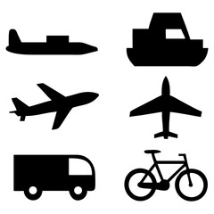 Vector illustration of simple monochromatic vehicle and transport related icons.Transportation and vehicle icons pack. Isolated transportation and vehicle symbols collection. Graphic icons element
