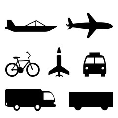 Vector illustration of simple monochromatic vehicle and transport related icons.Transportation and vehicle icons pack. Isolated transportation and vehicle symbols collection. Graphic icons element
