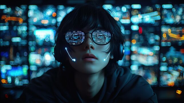 Person facing numerous illuminated screens digital communication technology