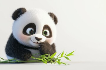Fototapeta premium Adorable cartoon panda with bright green eyes, holding bamboo shoots, set against a clean white background.