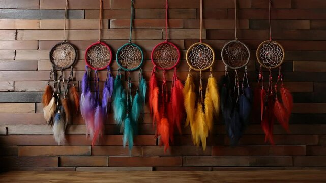Row of colorful dreamcatchers with feathers hanging on a brown wood plank wall for native american traditional spiritual decoration.