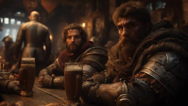 Medieval tavern interior gathering