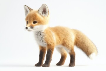 A cute red fox cub standing on a plain white surface, looking left with curious, soft eyes and a fluffy tail.