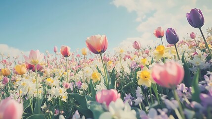 Vibrant springtime display of colorful flowers in full bloom.