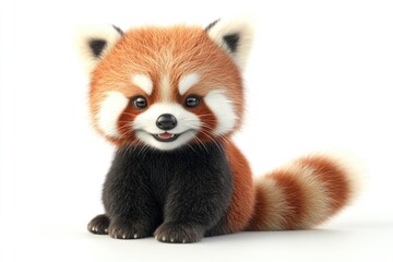 Obraz premium A charming, fluffy red panda cub sits sweetly, displaying its signature striped tail against a bright, clean background.