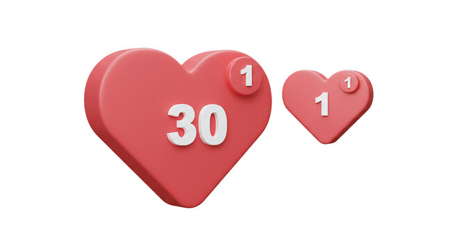 Two red hearts with different numeric counters isolated on transparent background, perfect for social media like indicators, affection symbols, and love-based branding visuals