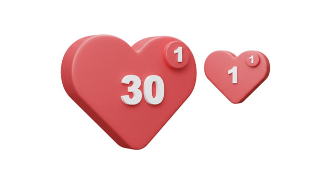 Two red hearts with different numeric counters isolated on transparent background, perfect for social media like indicators, affection symbols, and love-based branding visuals