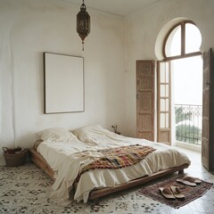 A bed with a white sheet and a red and yellow blanket. A basket is on the floor next to the bed