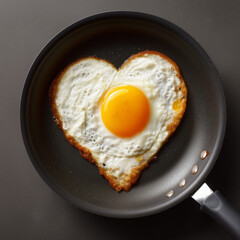 heart-shaped fried egg on a frying pan