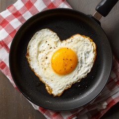 heart-shaped fried egg on a frying pan