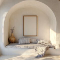 A white bed with a white frame and a white bedspread. A vase with flowers sits on the bed