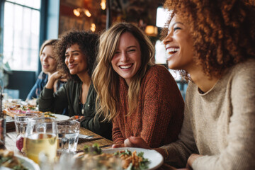 Group of Friends Enjoying a Meal and Laughing Together at Restaurant