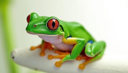 Obraz premium Green tree frog perched on white, vibrant color, vivid, pet, animal