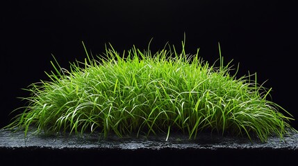 Lush green grass clump on dark surface.