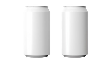 Two plain white aluminum cans standing side by side in a close up view isolated on transparent background	