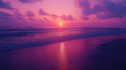 Coastal Sunset Radiance: Witness the enchanting moment as the sun dips below the horizon, painting the sky with a spectrum of colors reflected on the wet beach.