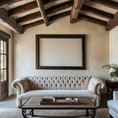 A white couch is in a room with a large picture frame on the wall. A coffee table is in front of the couch