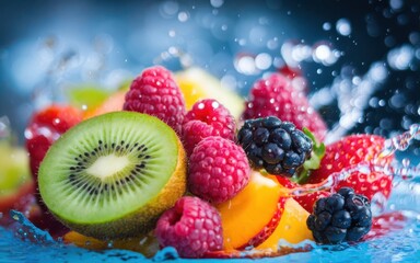 Exotic fruit medley in a refreshing water splash, vibrant colors and flavors
