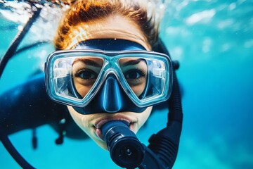 Underwater Scuba Diving Woman Closeup Portrait Ocean Dive Mask Girl Blue Water Sport Activity Extreme Diving Equipment Professional Underwater Photography sea fun reef fish life   