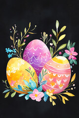 Colorful Easter eggs surrounded by vibrant flowers and greenery on a dark background