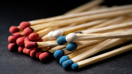 A macro shot showcases a group of wooden matches with red and blue striking tips clustered together against a dark textured background, creating a unique pattern.