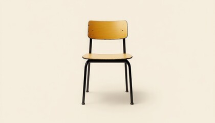 Fototapeta premium Single chair with wooden seat and backrest on a solid light background. Minimalist design featuring simple lines.
