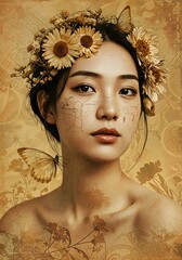 Ethereal portrait of a woman adorned with floral headpiece and subtle butterfly accents evokes a sense of natural beauty and refined elegance.