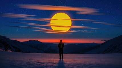 Contemplative figure gazing at celestial body over mountain panorama at night