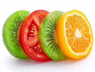half a tomato, orange and kiwi food photography