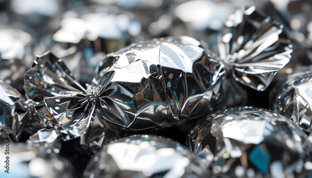 Aufkleber Reflective Candy Wrapper Texture, Close-up Macro. Shining Metallic Surface With Crinkles And Folds. Bright Light Creates Abstract Design, Material Details. Packaging Detail.