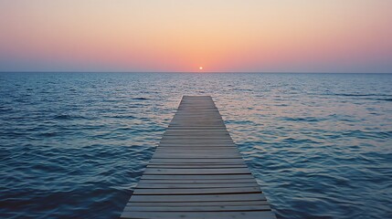 Peaceful wooden dock extending into a tranquil ocean at sunset.