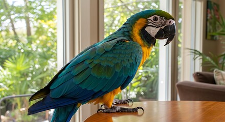 Blue-yellow macaw inside a room