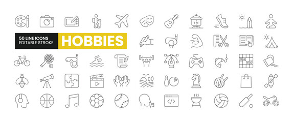 Set of 50 Hobbies line icons set. Hobbies outline icons with editable stroke collection. Includes Painting, Travelling, Gaming, Bodybuilding, Playing Cricket, and More.