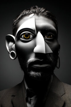 Cubist-style surreal male portrait with exaggerated features and monochrome tones, ideal for abstract art, visual identity, and expressive editorial compositions.