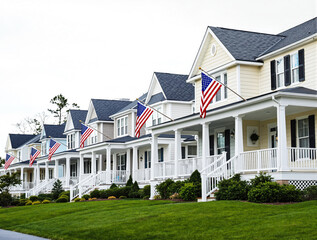 row of charming houses with american flags displayed on their porches