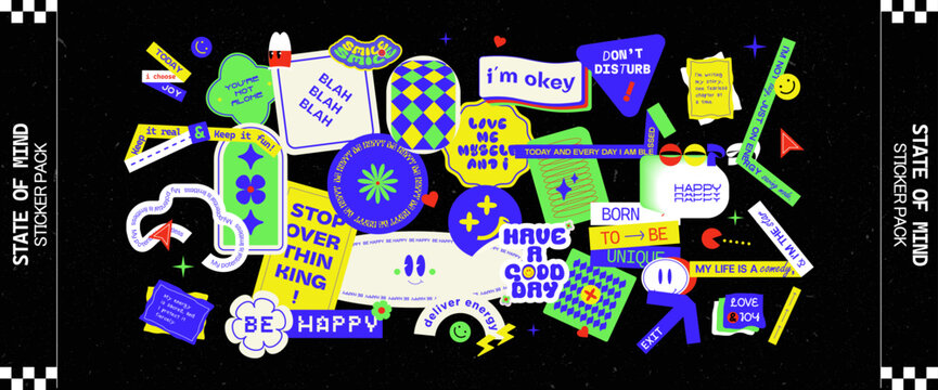 Naklejki Playful label shape set. Colorful trendy sticker pack. Printed retro patch cartoon collection. Groovy text slogan. Geometric element. Brutalism aesthetic. Catchphrase sign. Flat vector illustration. 