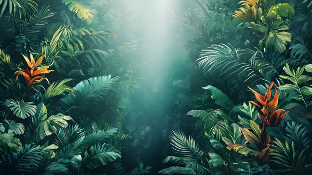 Lush tropical foliage with vibrant colors.
