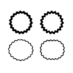 Zig zag wavy shape frames. Vector rectangular and round abstract clouds, flowers and text boxes. Scallop edge kids geometric stamps. Flat jagged oval shapes set. Groovy kids graphic wiggly backgrounds