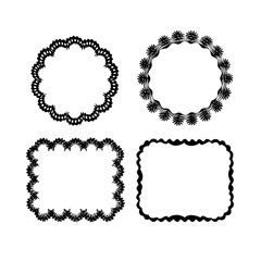 Zig zag wavy shape frames. Vector rectangular and round abstract clouds, flowers and text boxes. Scallop edge kids geometric stamps. Flat jagged oval shapes set. Groovy kids graphic wiggly backgrounds