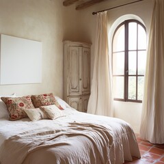 A bed with white sheets and pillows. A white cabinet with a window in the back. A window with curtains