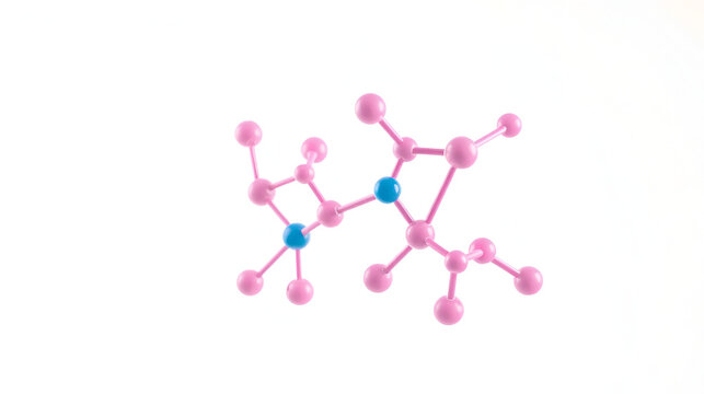 A pink and blue molecule of Pilocarpine. The molecule is shown in a white background