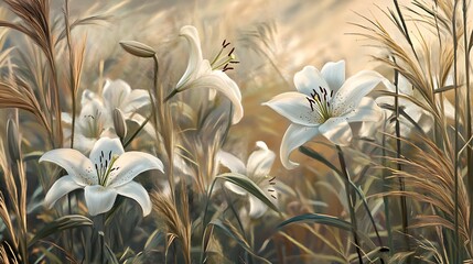 Softly lit white lilies amidst grasses in a serene field.