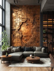 Modern copper wall art in loft apartment living room