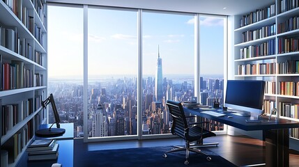 Fototapeta premium High-Rise Office with City View and Extensive Bookcases