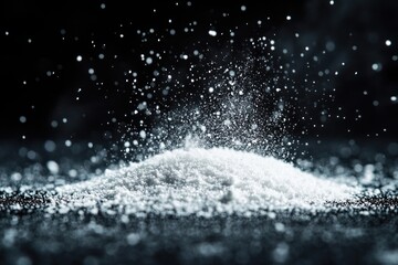 A pile of white powder with dust particles in the air on a dark surface and background.