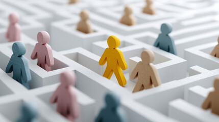 illustration one bright colored figure leading a group of muted figures through a maze, isolated on white background
