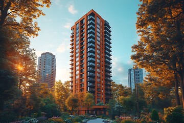 Obraz premium Autumn Sunset at the Modern Residential Tower