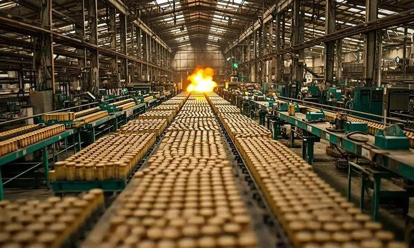 Automated Manufacturing: Industrial Assembly Line with Product Batch Processing and Fire