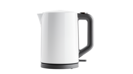 A white electric kettle with a gray handle and base isolated on transparent background	