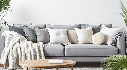 gray sofa with a collection of neutral-colored throw pillows and a white textured throw blanket